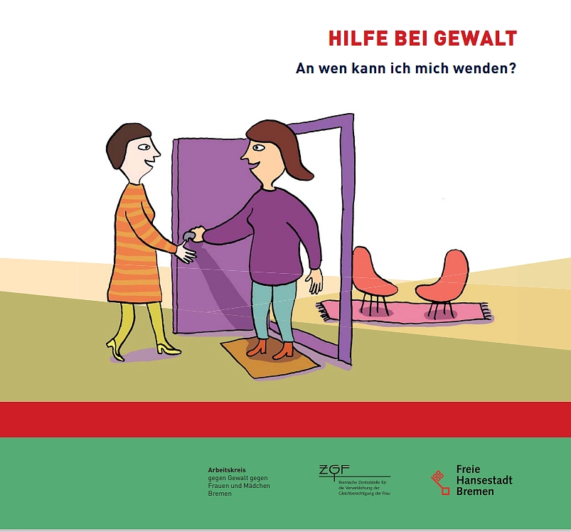 Titel der Broschüre: Hilfe bei Gewalt. An wen kann ich mich wenden. Grafik einer Frau, die die Tür für eine andere Frau öffnet. Im Hintergrund stehen zwei Stühle.