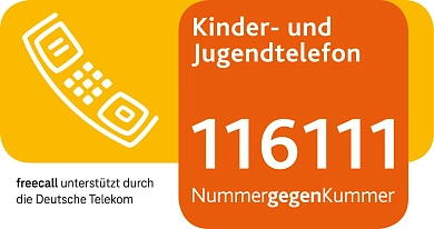 Logo des Kinder- und Jugendtelefons mit der Telefonnummer: 116 111 und dem Slogan: Nummer gegen Kummer