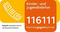 Logo des Kinder- und Jugendtelefons mit der Telefonnummer: 116 111 und dem Slogan: Nummer gegen Kummer